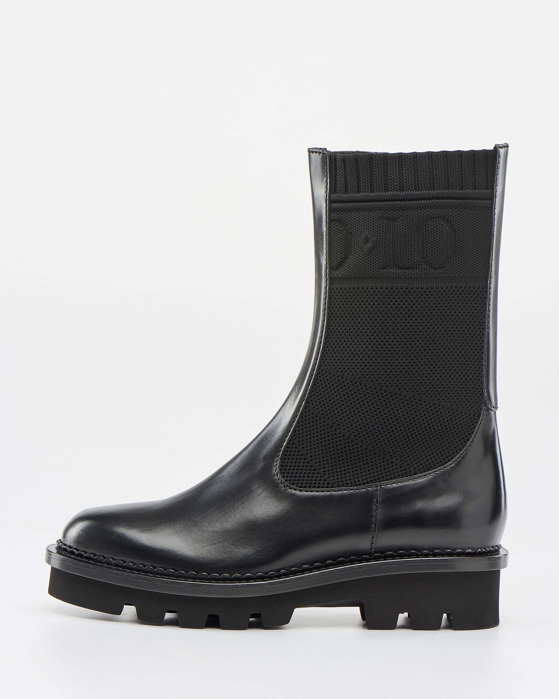 Bay Black Black Glossy Leather Ankle Boots with Ribbed Knit
