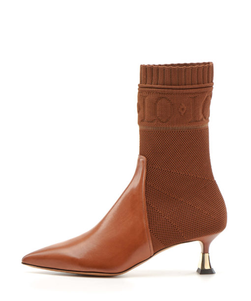 Sock-style ankle boot in terracotta brown leather and knit