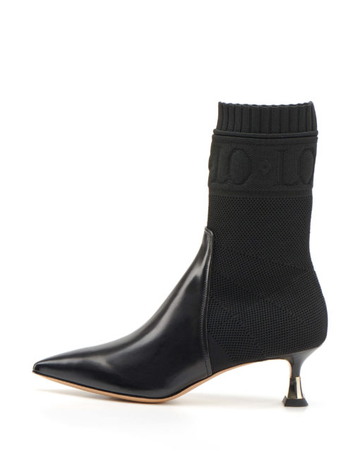 Sock-style ankle boot | Black leather and knit