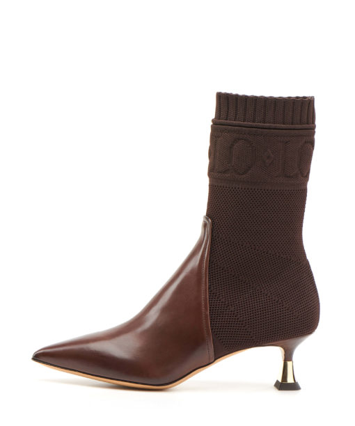Sock-style ankle boot in dark brown leather and knit