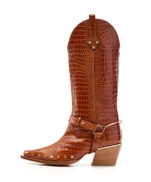 texas Knee boot | Croc-leather in glossy brown